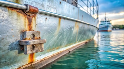 A close up image of a zinc sacrificial anode attached to the hull of a marine vessel showcasing its corrosion protection mechanism, anti-corrosion, marine equipment