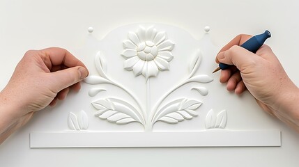 Intricate quilling art in progress, with paper strips being shaped into delicate swirls and patterns. The artist carefully coils and arranges the paper to create beautiful, three-dimensional 