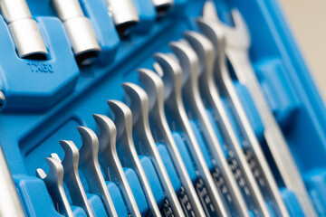 open ended wrench set in a toolbox, close up