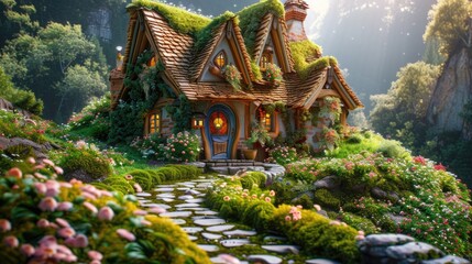 Obraz premium A charming cottage surrounded by a lush green garden, with a paved path leading to a wooden door, in a beautiful fairytale landscape filled with trees and flowers.
