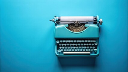 old-fashioned, panoramic, mechanical, craftsmanship, keys, blue background, device, design, style, communication, metal, equipment, A blue vintage typewriter with blue background Panoramic