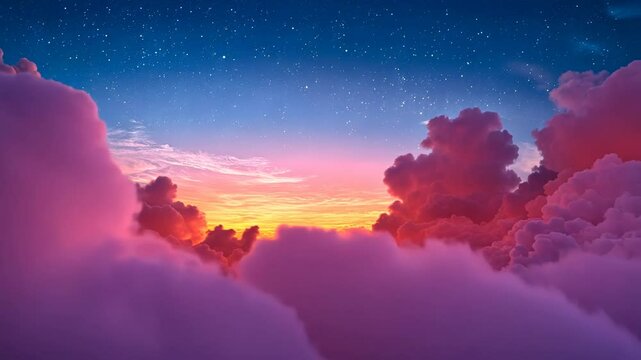 A beautiful sunset over the clouds with a starry night sky.