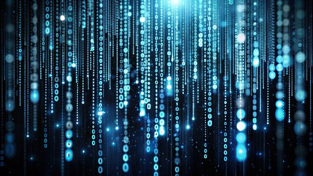 A stock photo featuring a black background with binary code flowing in a glitch effect, programming, cyber security., futuristic, fisheye, software, digital art, glitch effect