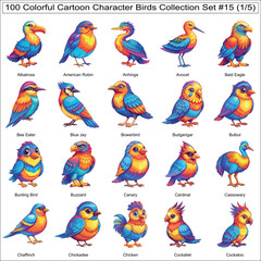 Obraz premium Colorful Cartoon Character Birds Collection Set of 100 Isolated Animals Part 1