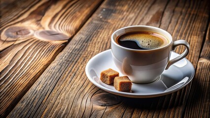 Obraz premium relaxation, morning, natural, terrace, wooden table, A close up view of a cup of freshly brewed coffee placed on a saucer with sugar cubes resting on a rustic wooden table on a terrace