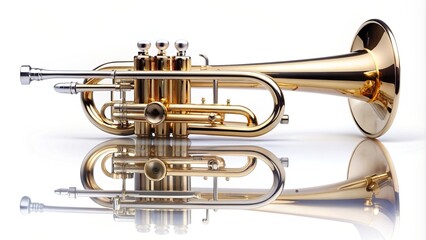 Trumpet classical instrument isolated on white Reflected, tone, brass, reflection, orchestra,...