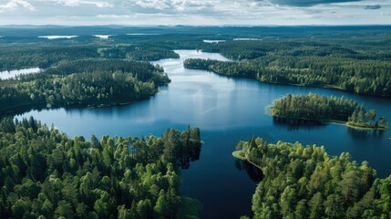 Naklejka premium Scenic view of Finnish lakes and forests from above in summertime.