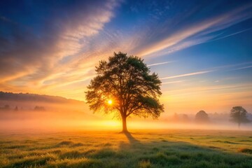 Fototapeta premium tree, fog, long shot, warm lighting, A breathtaking landscape photo of the sunrise casting warm lighting on a lone tree in the midst of fog creating a serene and dreamy atmosphere