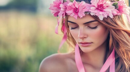 Naklejka premium Woman with Pink Flower Crown and Eyes Closed