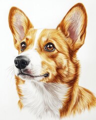 colored pencil draw corgie dog half turn shoulder length portrait in simple style on white background