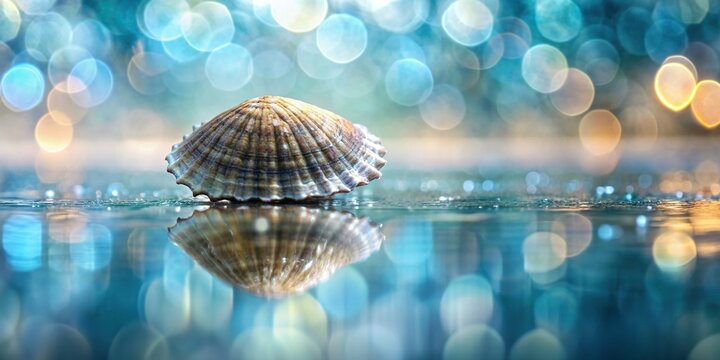 Bokeh abstract background of a limpet shell reflected in water, background, detail, peaceful, marine, close-up, sea, green, surface, macro, underwater, texture, ocean, water, shell, blue