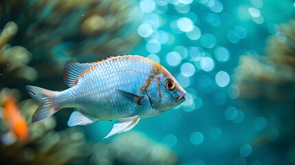 Naklejka premium Vibrant blue fish swimming gracefully against a serene aquamarine backdrop, with modern artistic style.