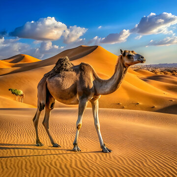 dromedary arabian camel roaming in the sahara