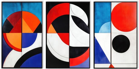 Modern Abstract Geometric Wall Art Panels with Bold, Vibrant Shapes in Red, Blue, White, and Black. AI generated illustration