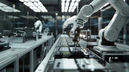 Industrial Robotic Arm Assembling Parts on a Conveyor Belt