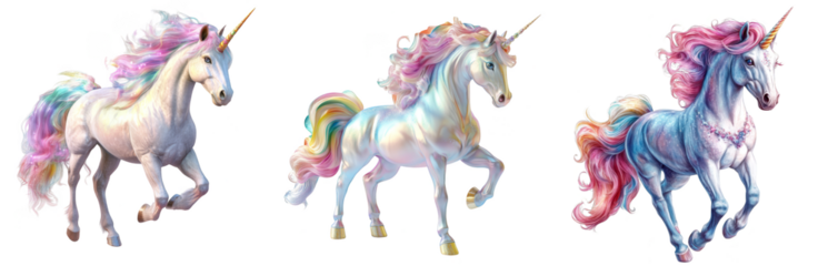 Elegant unicorn with pastel rainbow mane walking gracefully fantasy magic art transparent background	
