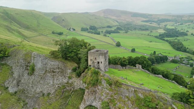 Aerial Drone View of Landscape at Peak District, UK. Bird eye views on the Scenic Landscapes around Mam Tor, Back Tor, Castleton, Peveril Castle, Winnats pass.