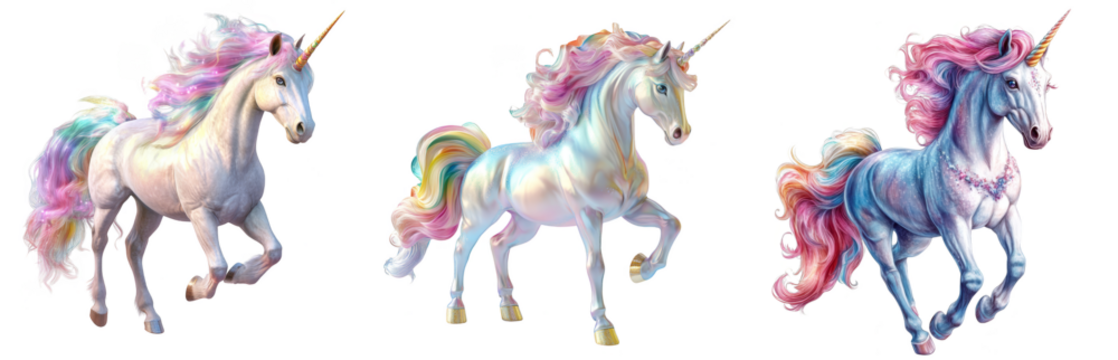 Elegant unicorn with pastel rainbow mane walking gracefully fantasy magic art transparent background - Powered by Adobe