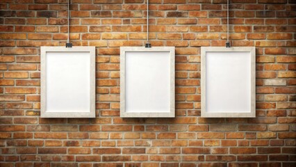Three pictures hanging on a brick wall