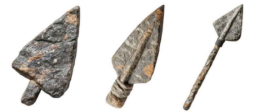 Ancient stone arrowheads with intricate details historical archaeological artifacts transparent background
