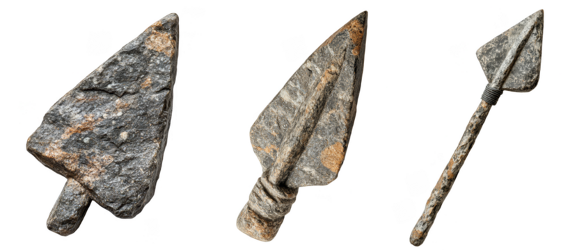 Ancient stone arrowheads with intricate details historical archaeological artifacts transparent background