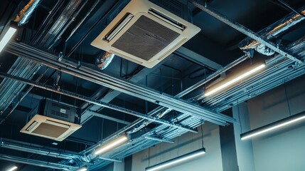 Obraz premium Photo of the Cassette AC ceiling installation, Cassette Air Conditioner