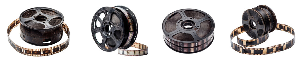 Obraz premium Vintage film reels with strips of film for cinematic and retro media transparent background 