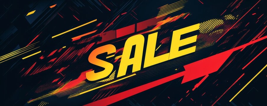 Big sale banner with bold yellow text on dark background