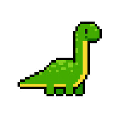Obraz premium Pixel Art baby dinosaur in retro video game style isolated on white. Cute dinosaur in cartoon vector pixel graphics
