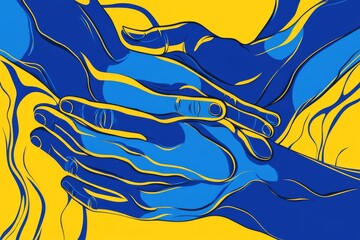 Blue and yellow hands in a handshake against a splattered background conveying trust and unity