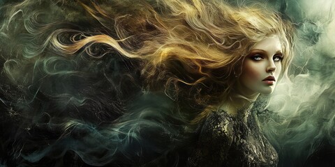 Fototapeta premium Surreal abstract woman with flowing hair in a dark baroque style, blending intricate elegance with a mystical aura. AI generated illustration.