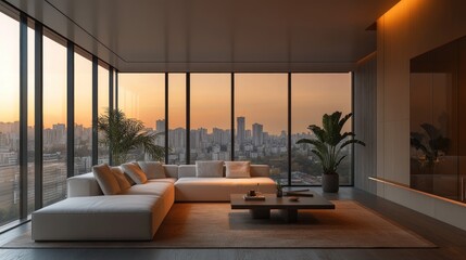 Fototapeta premium Modern Living Room with City Skyline View