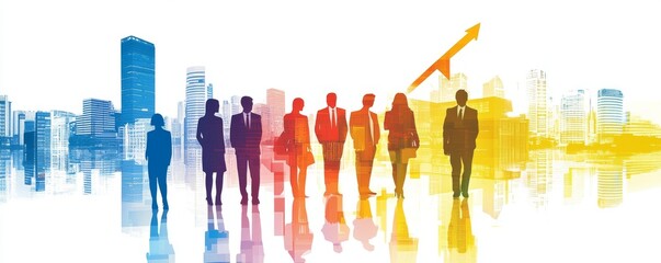 Business people standing in front of colorful city skyline with reflections