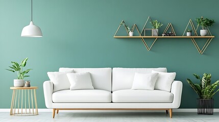 Modern Living Room Interior with White Sofa  Green Wall and Gold Accent Shelf