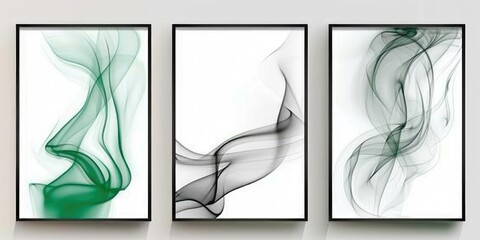 Three framed art pieces featuring smoke shapes and leaves, adding a touch of elegance and nature-inspired design. AI generated illustration.