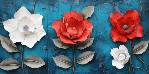 Triptych floral wall art set featuring 3D red and white flowers against a blue background. AI generated illustration