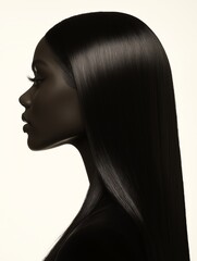 A black and white portrait of a woman with long, straight hair, in profile. Her face is turned slightly down, and her lips are slightly parted.