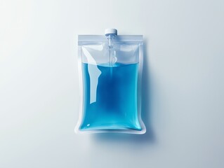 A clear plastic pouch filled with bright blue liquid, isolated on a white background.