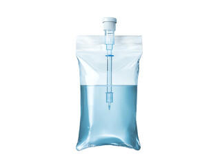 A clear plastic IV bag with a white cap, isolated against a vibrant white background.
