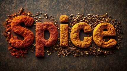 Design the word "Spice" using paprika, turmeric, cinnamon, and chili powder as the materials. Each letter should be crafted from a different spice, displaying their distinctive textures and colors.