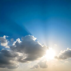 Beautiful sunlight rays breaking through clouds in blue sky heavenly atmosphere concept