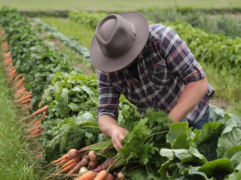 Granjero cosechando agachado sobre una hilera de verduras en un exuberante
