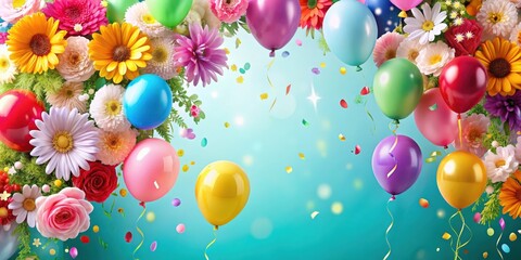 Birthday celebration with colorful balloons and flower blossoms