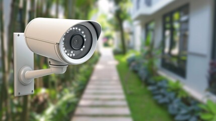 Security Camera Mounted on a Wall Overlooking a Pathway