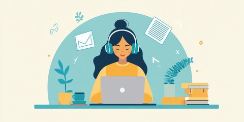 Woman using online learning app with headphones and laptop, showcasing digital education and e-learning. AI generated illustration.