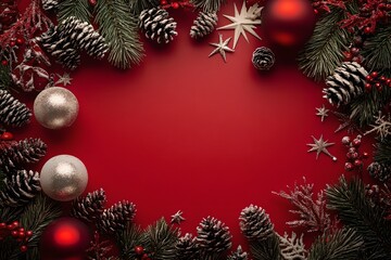 Frame of fir branches, pinecones and ornament on red background. Christmas and New Year celebration. Holiday decorations. Top view, flat lay with copy space
