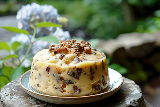 spotted dick spotted dog railway cake pudding, a traditional steamed pudding made of lard and dried fruits, selective focus