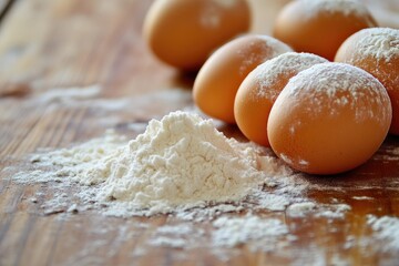 Fototapeta premium White Flour and Raw Eggs Arranged on Wooden Table