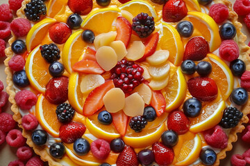 dessert pastries with various citrus fruits and berries, top view
