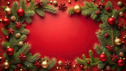 Festive red Christmas background with a decorative frame adorned with holiday gifts